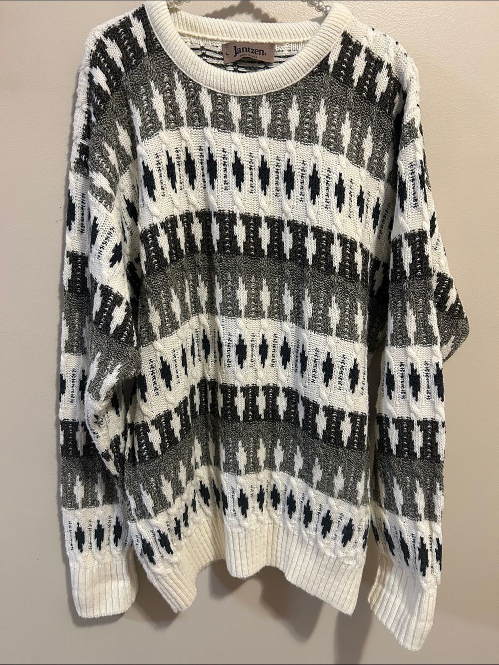 VTG Jantzen Geometric Knit Sweater Mens L Crewneck Gray White Abstract 90s USA